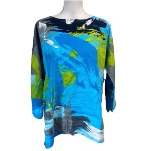 Ali Miles Blouse Tunic size Medium Blue Green Linen Lagenlook Peasant Beach